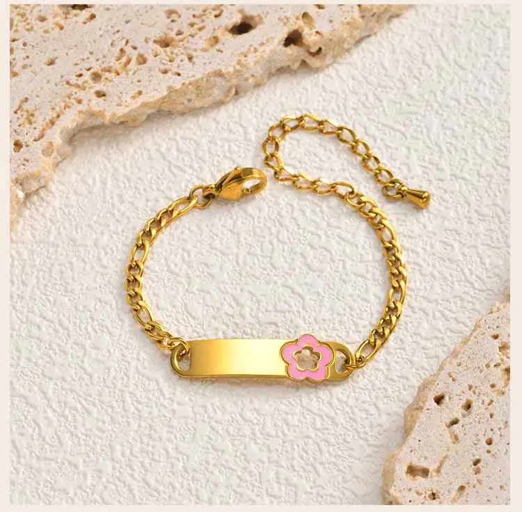 Customized Name Baby Flower Baby Bracelet, 18K Gold Plated Flower ID Bar for Kids Child, Waterproof Tarnish-Free Birthday Gift