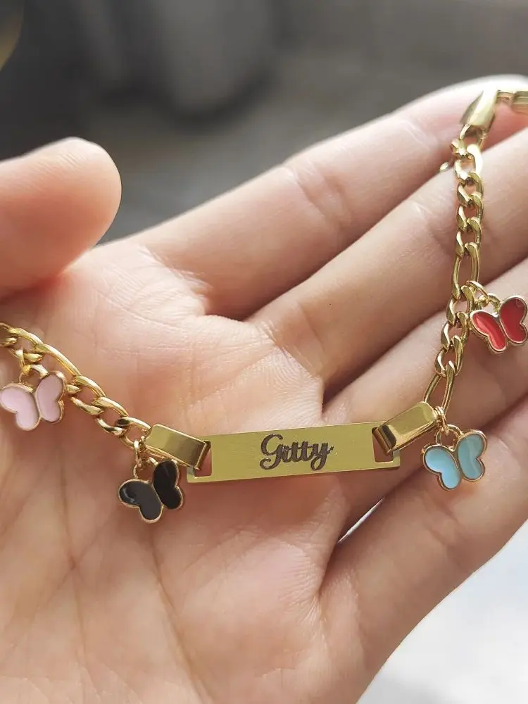 Customized Laser Engraved Baby Name Bracelet, Butterfly Heart Shaped Stainless Steel Children's Customized Bracelet Gift