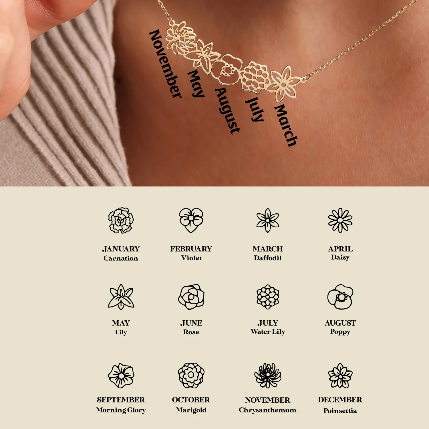 Dainty Birth Flower Necklace For Women 18K Gold Birth Flower Bouquet Necklaces Personalized Family Gift Mothers Day Gifts