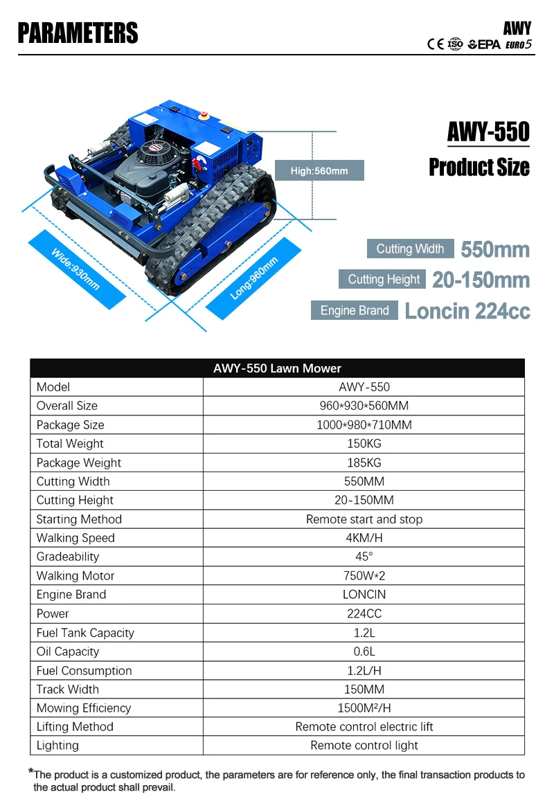 Customized New Agriculture Farm Garden Lawn Mower - Remote Control RC Model with Thickened Anti-slip Tracks