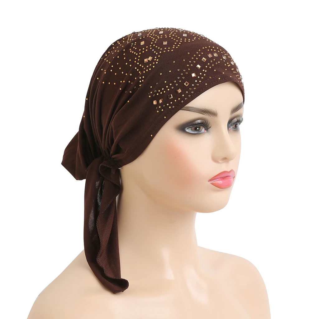 H088 Fashion Turban Hijab with Many Stones Muslim Hijab Scarf Islamic Headscarf Hat Amira Pull on Headwrap