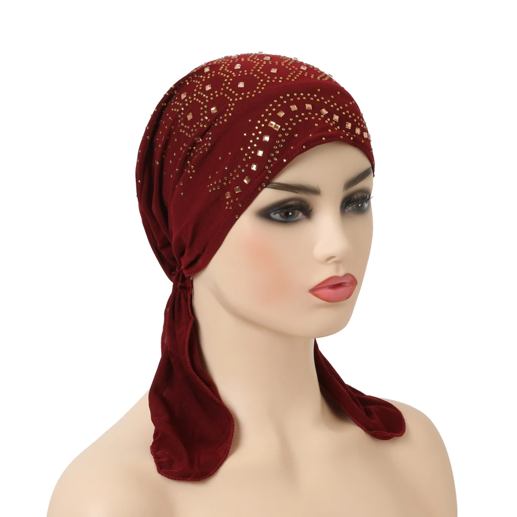 H088 Fashion Turban Hijab with Many Stones Muslim Hijab Scarf Islamic Headscarf Hat Amira Pull on Headwrap
