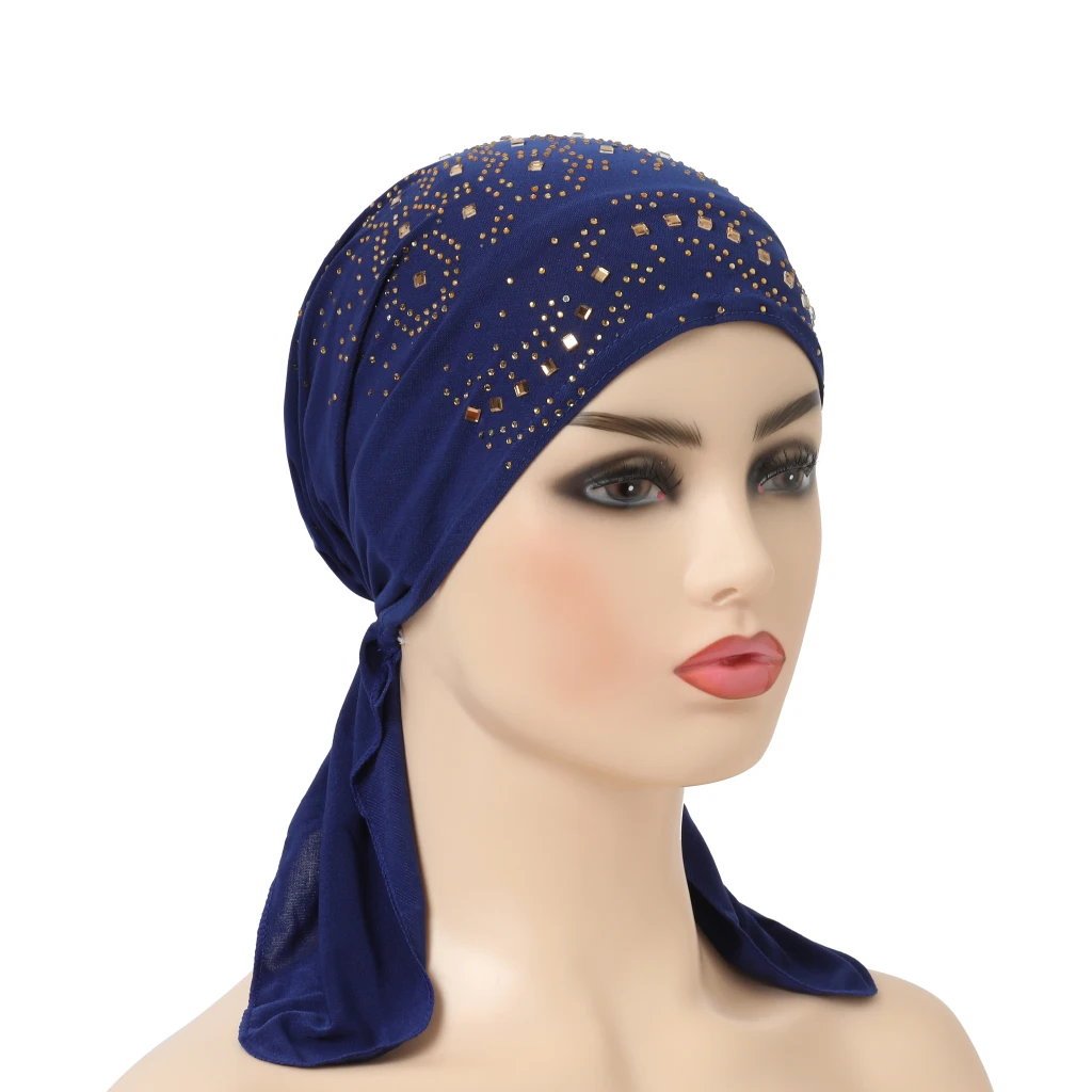 H088 Fashion Turban Hijab with Many Stones Muslim Hijab Scarf Islamic Headscarf Hat Amira Pull on Headwrap