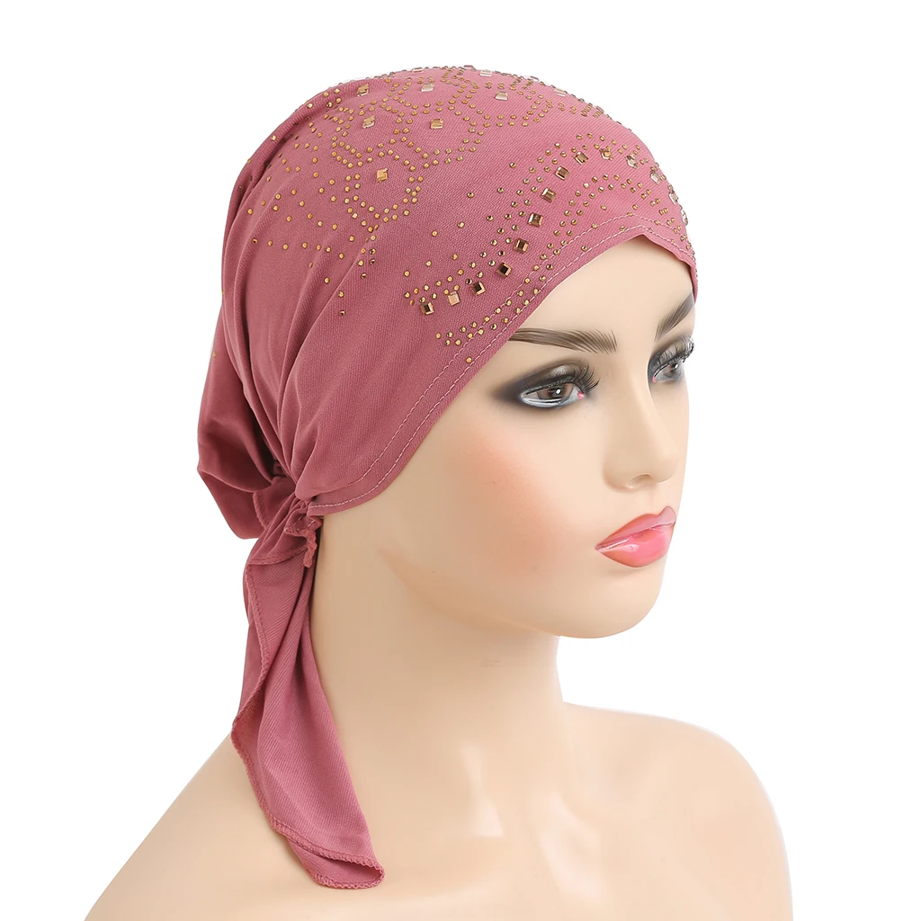 H088 Fashion Turban Hijab with Many Stones Muslim Hijab Scarf Islamic Headscarf Hat Amira Pull on Headwrap