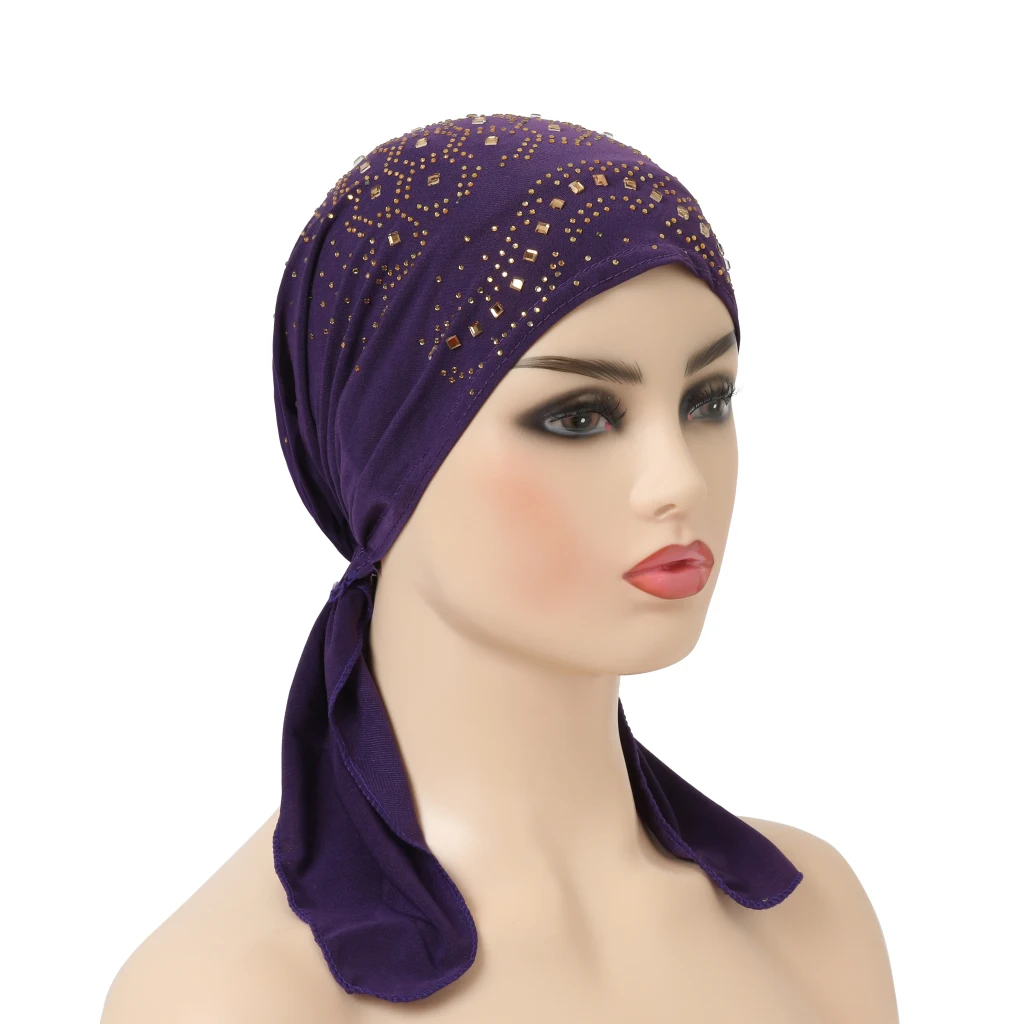 H088 Fashion Turban Hijab with Many Stones Muslim Hijab Scarf Islamic Headscarf Hat Amira Pull on Headwrap