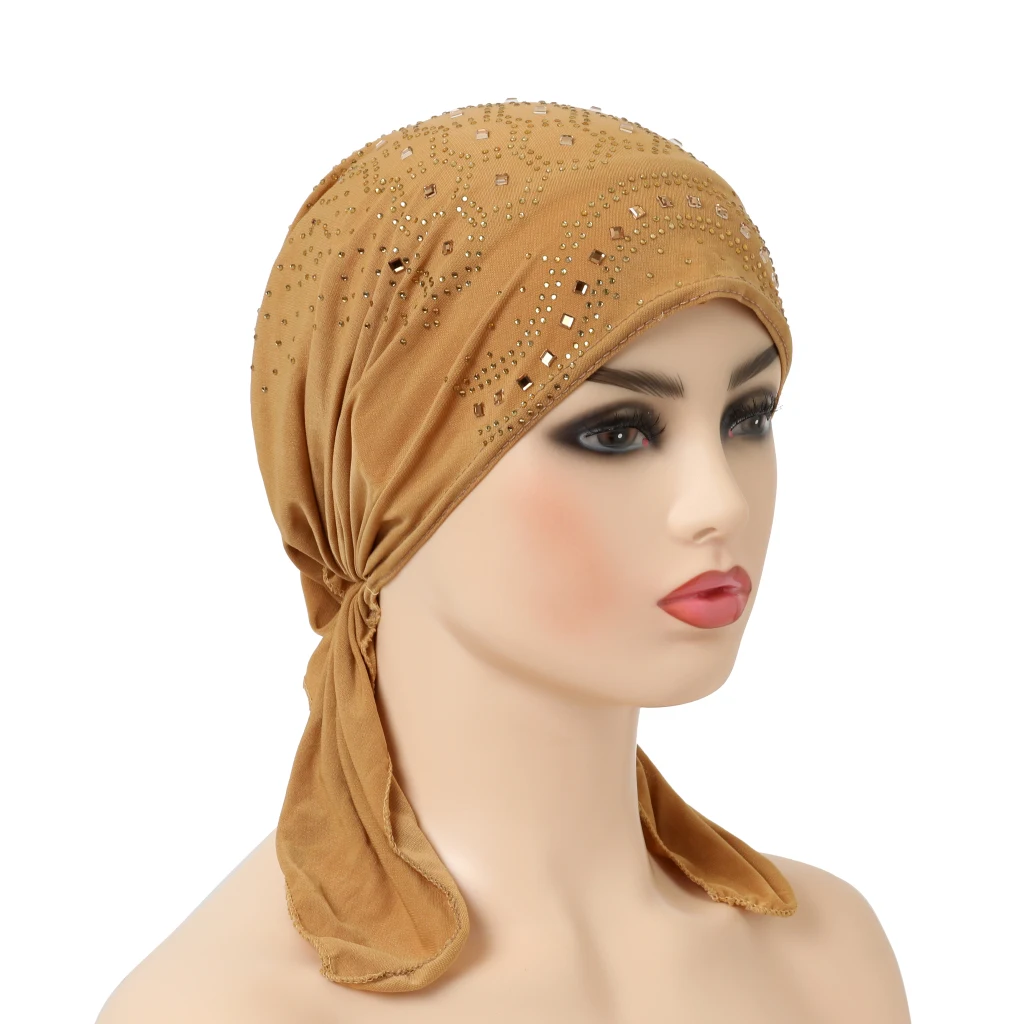 H088 Fashion Turban Hijab with Many Stones Muslim Hijab Scarf Islamic Headscarf Hat Amira Pull on Headwrap