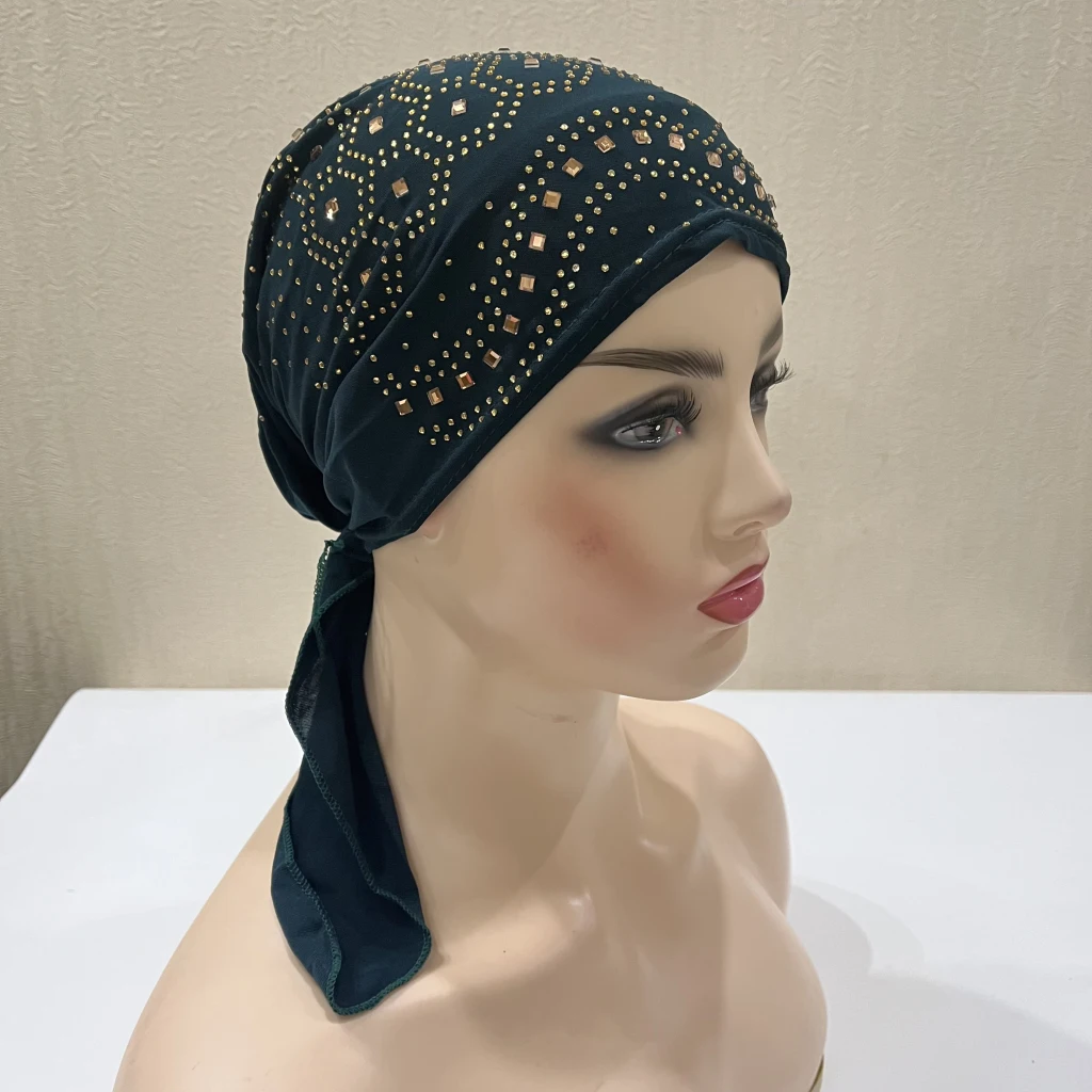 H088 Fashion Turban Hijab with Many Stones Muslim Hijab Scarf Islamic Headscarf Hat Amira Pull on Headwrap
