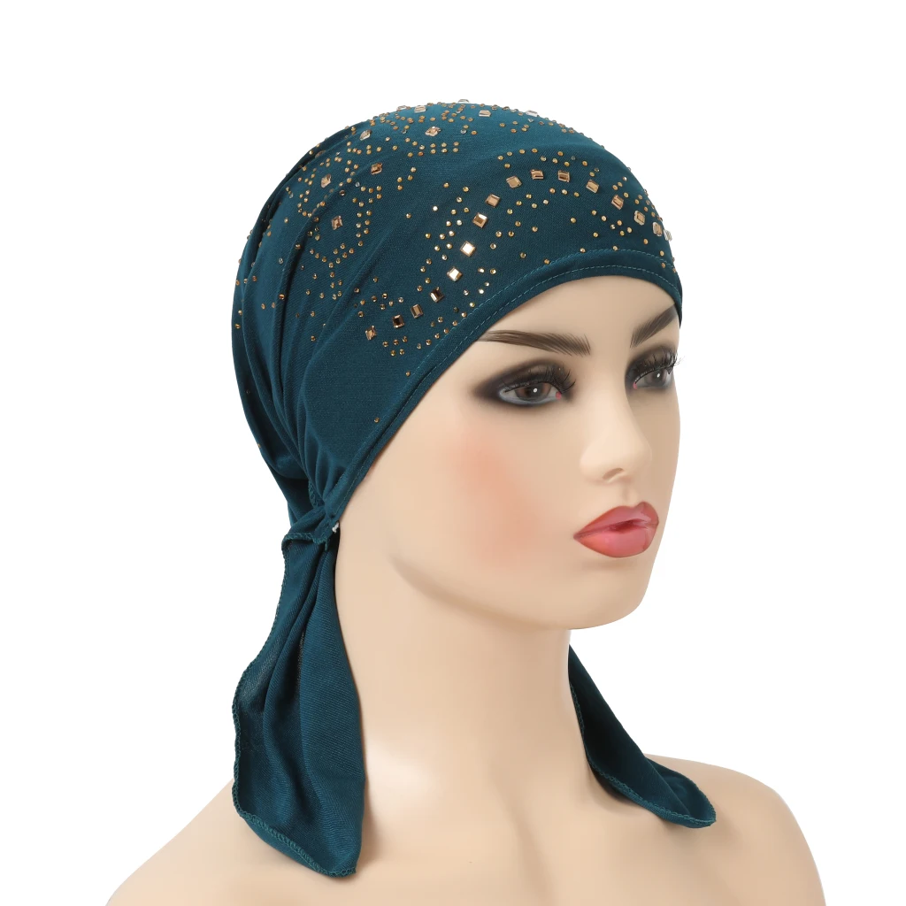 H088 Fashion Turban Hijab with Many Stones Muslim Hijab Scarf Islamic Headscarf Hat Amira Pull on Headwrap