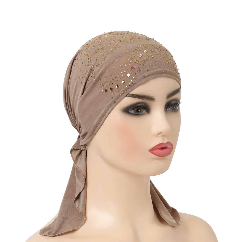 H088 Fashion Turban Hijab with Many Stones Muslim Hijab Scarf Islamic Headscarf Hat Amira Pull on Headwrap