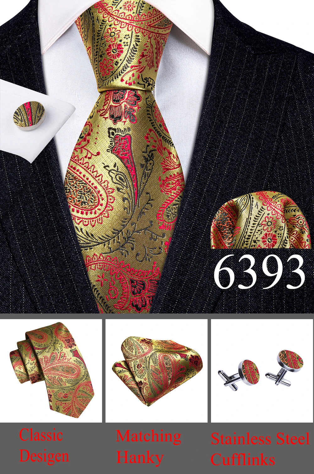 Designer Tie for Mens Gold Silver Paisley Necktie Pocket Square Cufflinks Set Wedding Gift Elegant Corbatas 6235