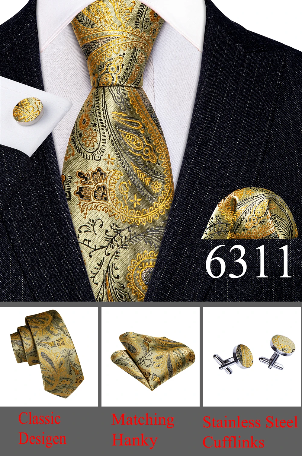 Designer Tie for Mens Gold Silver Paisley Necktie Pocket Square Cufflinks Set Wedding Gift Elegant Corbatas 6235