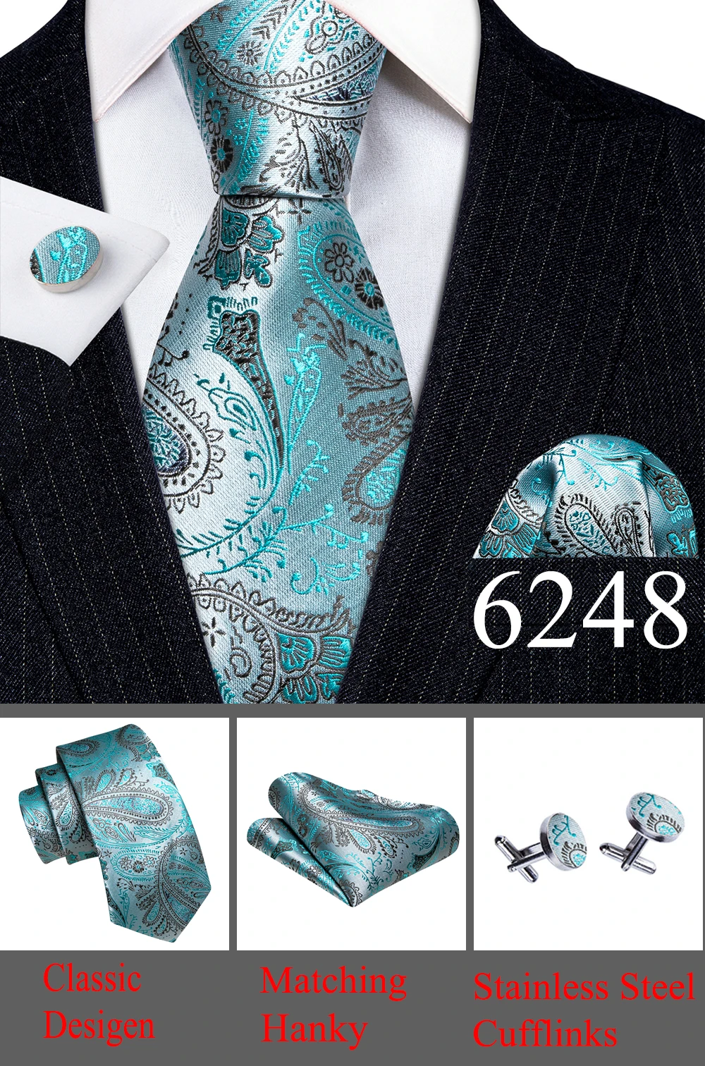 Designer Tie for Mens Gold Silver Paisley Necktie Pocket Square Cufflinks Set Wedding Gift Elegant Corbatas 6235