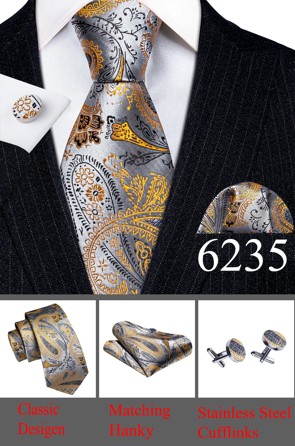 Designer Tie for Mens Gold Silver Paisley Necktie Pocket Square Cufflinks Set Wedding Gift Elegant Corbatas 6235