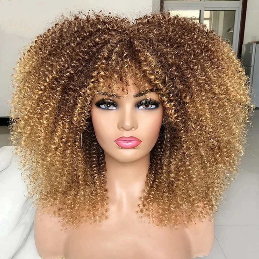 Afro Curly Wigs for Black Women Kinky Curly Wig with Bangs Short Curly Bob 16 Inch Black Brown Natural Looking Synthetic Hair