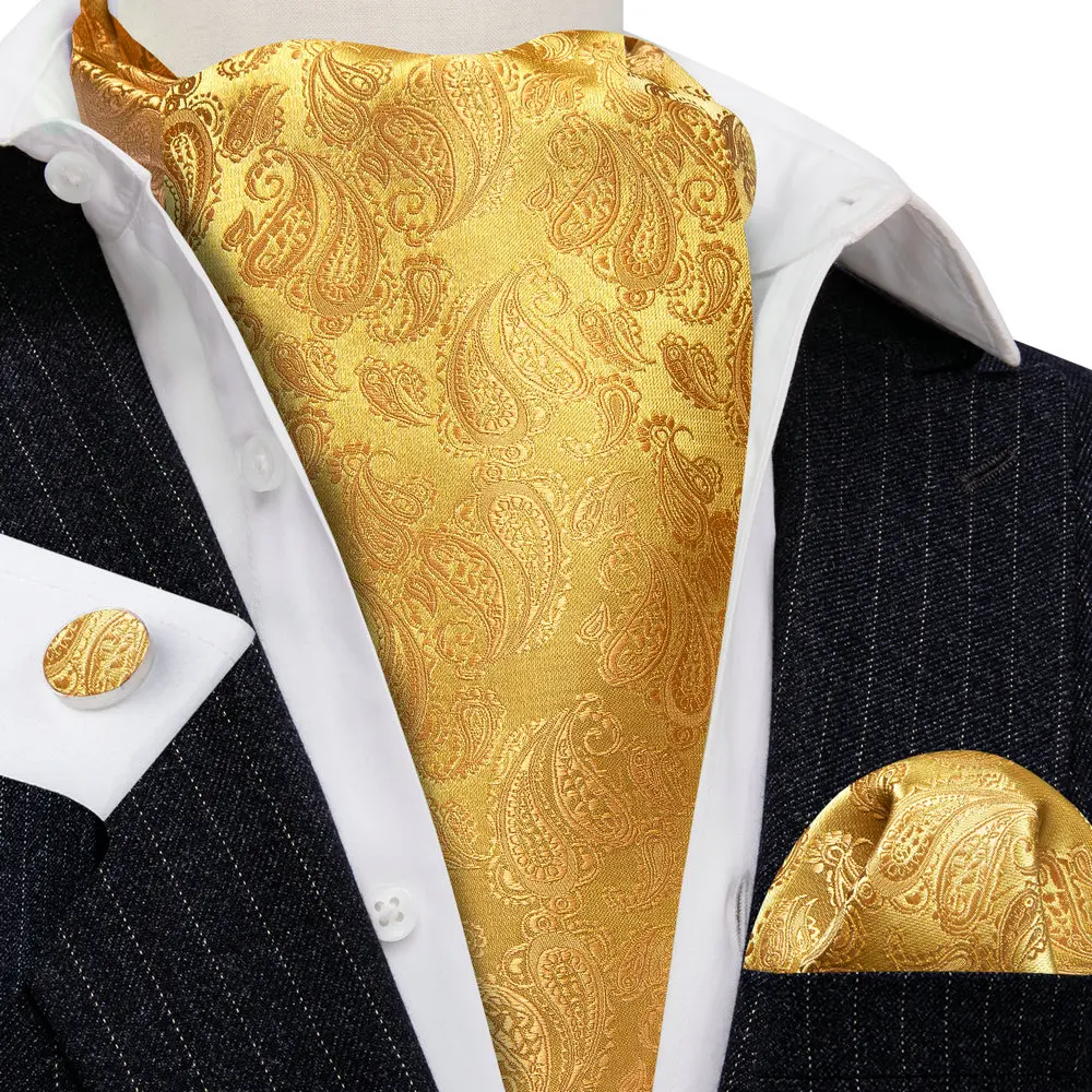 Barry.Wang Jacqaurd Silk Men Ascot Cravat Tie Floral Paisley For Male with Hanky Cufflinks 60 Colors Wedding Party Events Gift