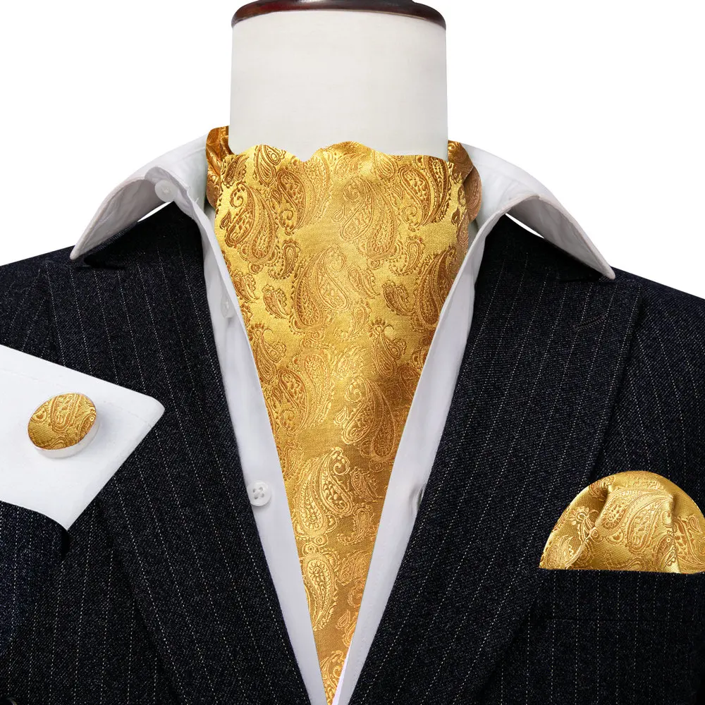 Barry.Wang Jacqaurd Silk Men Ascot Cravat Tie Floral Paisley For Male with Hanky Cufflinks 60 Colors Wedding Party Events Gift