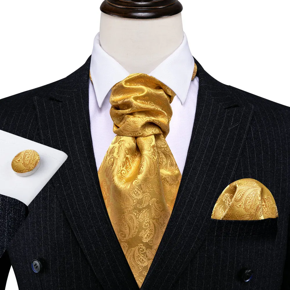 Barry.Wang Jacqaurd Silk Men Ascot Cravat Tie Floral Paisley For Male with Hanky Cufflinks 60 Colors Wedding Party Events Gift