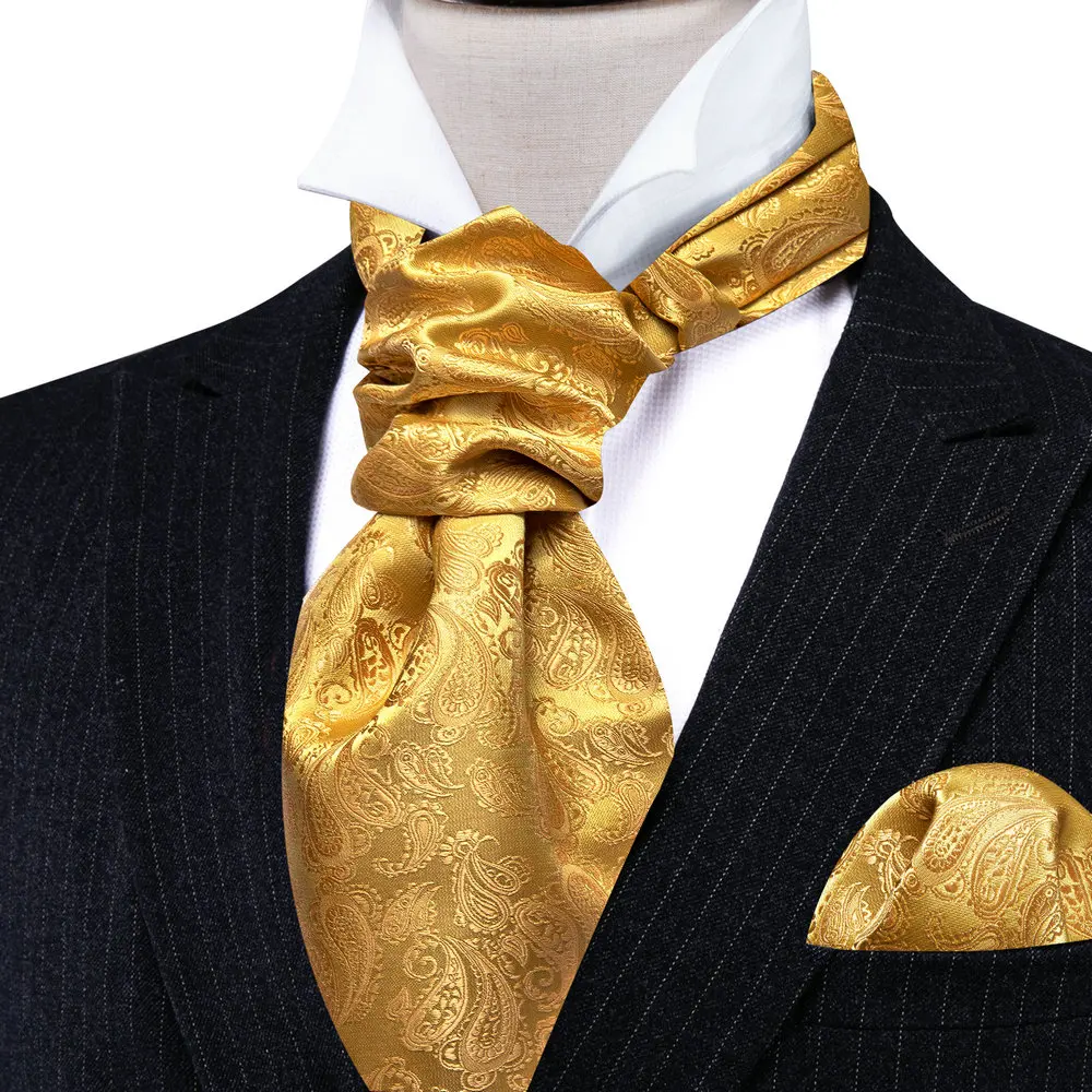 Barry.Wang Jacqaurd Silk Men Ascot Cravat Tie Floral Paisley For Male with Hanky Cufflinks 60 Colors Wedding Party Events Gift