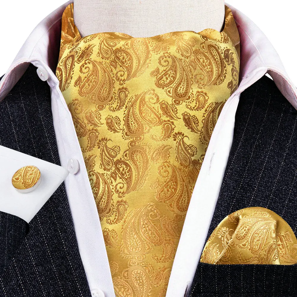 Barry.Wang Jacqaurd Silk Men Ascot Cravat Tie Floral Paisley For Male with Hanky Cufflinks 60 Colors Wedding Party Events Gift