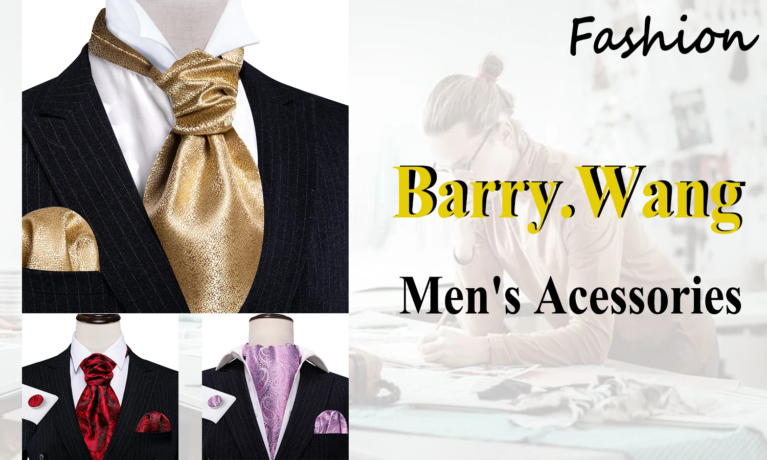 Barry.Wang Jacqaurd Silk Men Ascot Cravat Tie Floral Paisley For Male with Hanky Cufflinks 60 Colors Wedding Party Events Gift