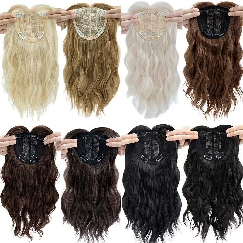Snoilite Synthetic 14" Topper Hair Piece Real Thick Wavy Wig With Bangs Top Toupee Clip in Hair Extensions Black Brown Blonde