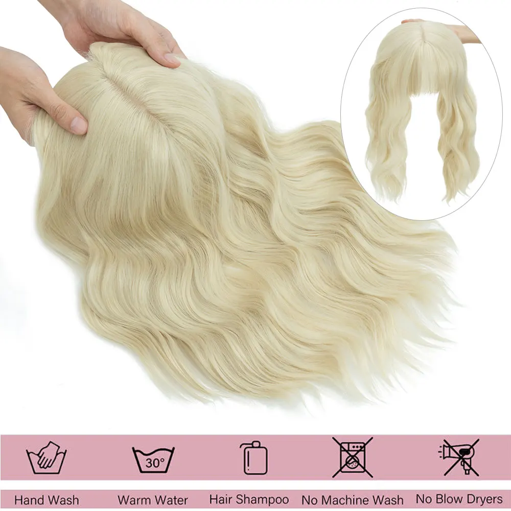 Snoilite Synthetic 14" Topper Hair Piece Real Thick Wavy Wig With Bangs Top Toupee Clip in Hair Extensions Black Brown Blonde