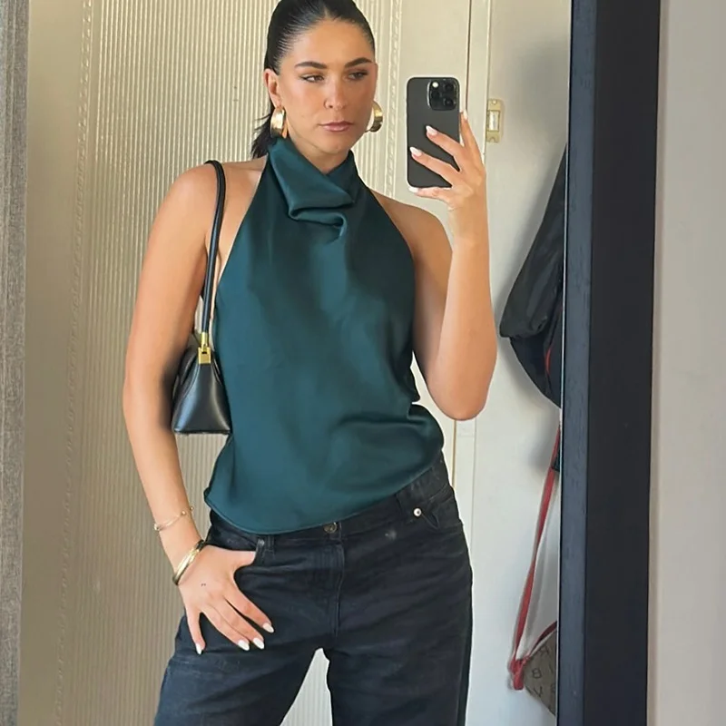HXAO Halter Neck Women's Top Off Shoulder Satin Crop Top Women Summer Sexy Backless Tank Party Tops Y2K Aesthetic Camisole