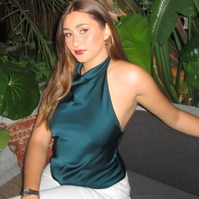 HXAO Halter Neck Women's Top Off Shoulder Satin Crop Top Women Summer Sexy Backless Tank Party Tops Y2K Aesthetic Camisole