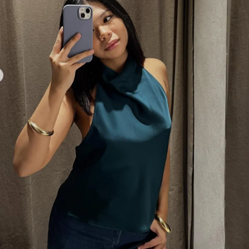 HXAO Halter Neck Women's Top Off Shoulder Satin Crop Top Women Summer Sexy Backless Tank Party Tops Y2K Aesthetic Camisole