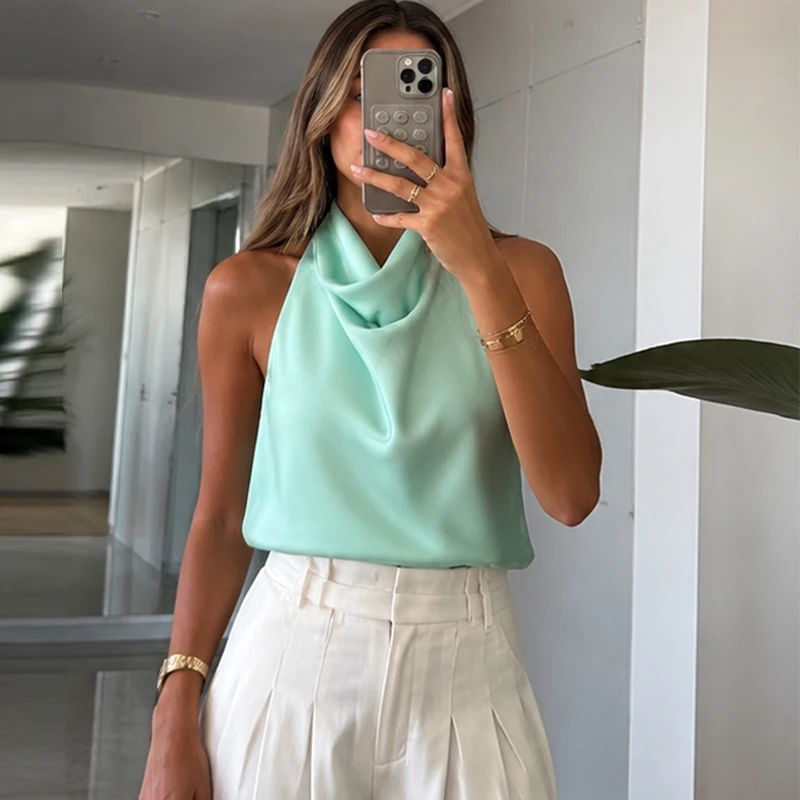 HXAO Halter Neck Women's Top Off Shoulder Satin Crop Top Women Summer Sexy Backless Tank Party Tops Y2K Aesthetic Camisole