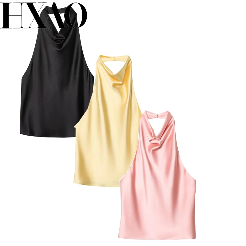 HXAO Halter Neck Women's Top Off Shoulder Satin Crop Top Women Summer Sexy Backless Tank Party Tops Y2K Aesthetic Camisole