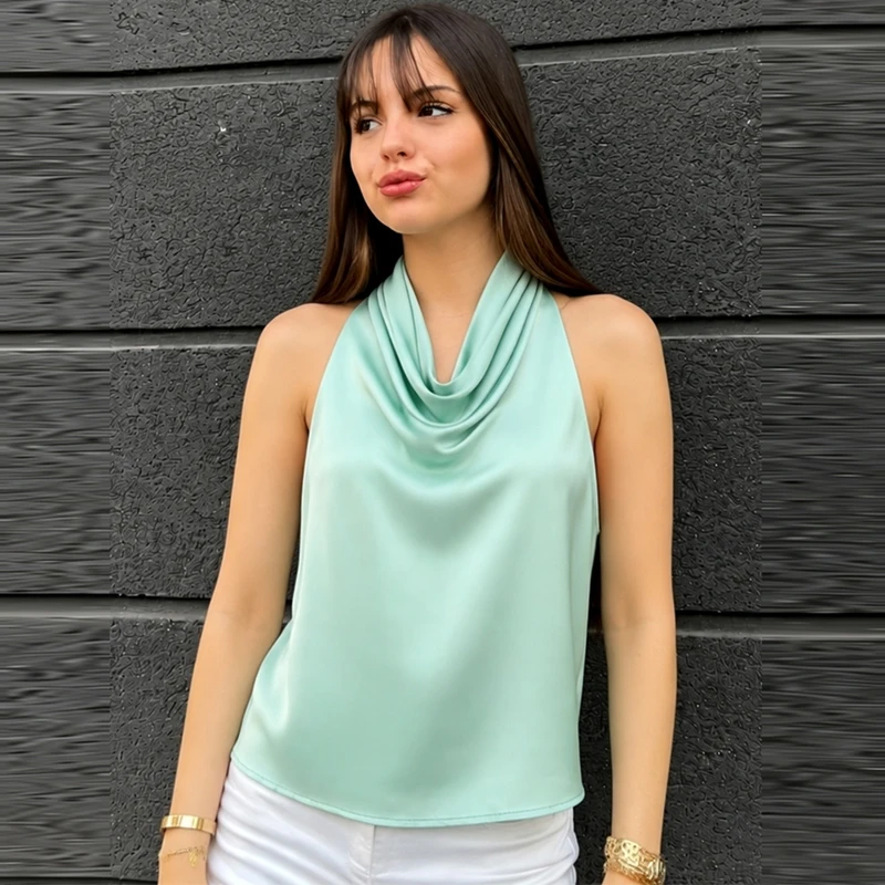 HXAO Halter Neck Women's Top Off Shoulder Satin Crop Top Women Summer Sexy Backless Tank Party Tops Y2K Aesthetic Camisole