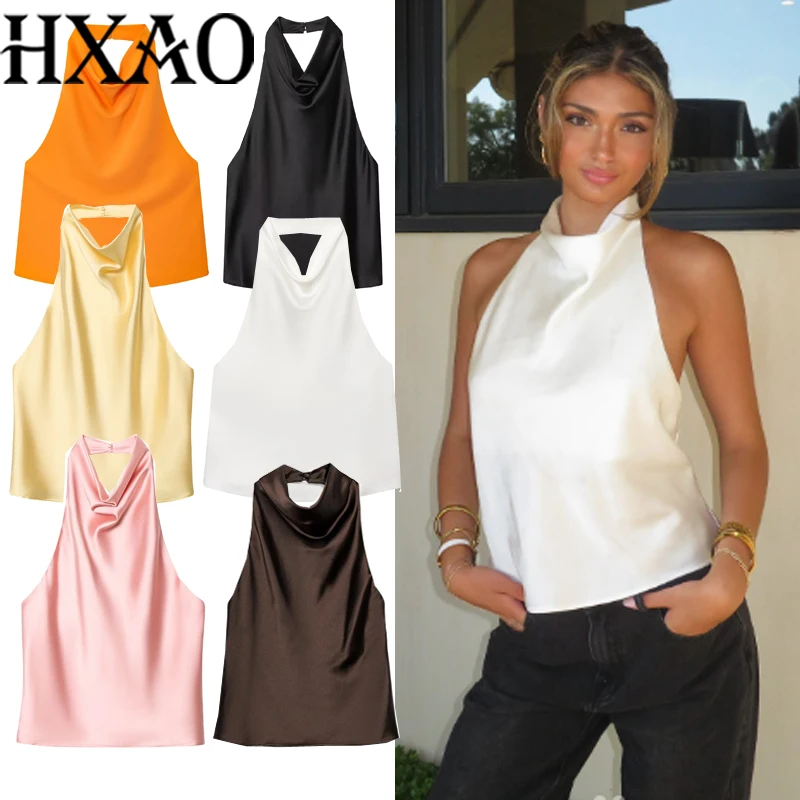 HXAO Halter Neck Women's Top Off Shoulder Satin Crop Top Women Summer Sexy Backless Tank Party Tops Y2K Aesthetic Camisole