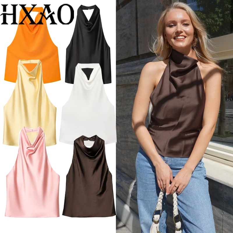 HXAO Halter Neck Women's Top Off Shoulder Satin Crop Top Women Summer Sexy Backless Tank Party Tops Y2K Aesthetic Camisole