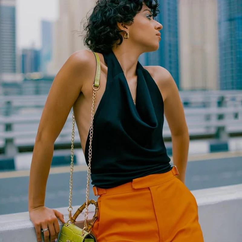 HXAO Halter Neck Women's Top Off Shoulder Satin Crop Top Women Summer Sexy Backless Tank Party Tops Y2K Aesthetic Camisole