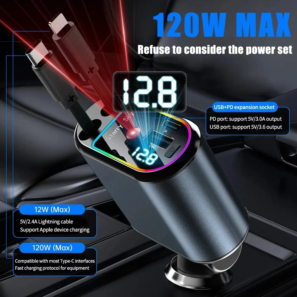 4-in-1 Car Charger with 2 Retractable Cable 120W Fast Charger Power Adapter Car Charger With Starlight For IOS Android Phones