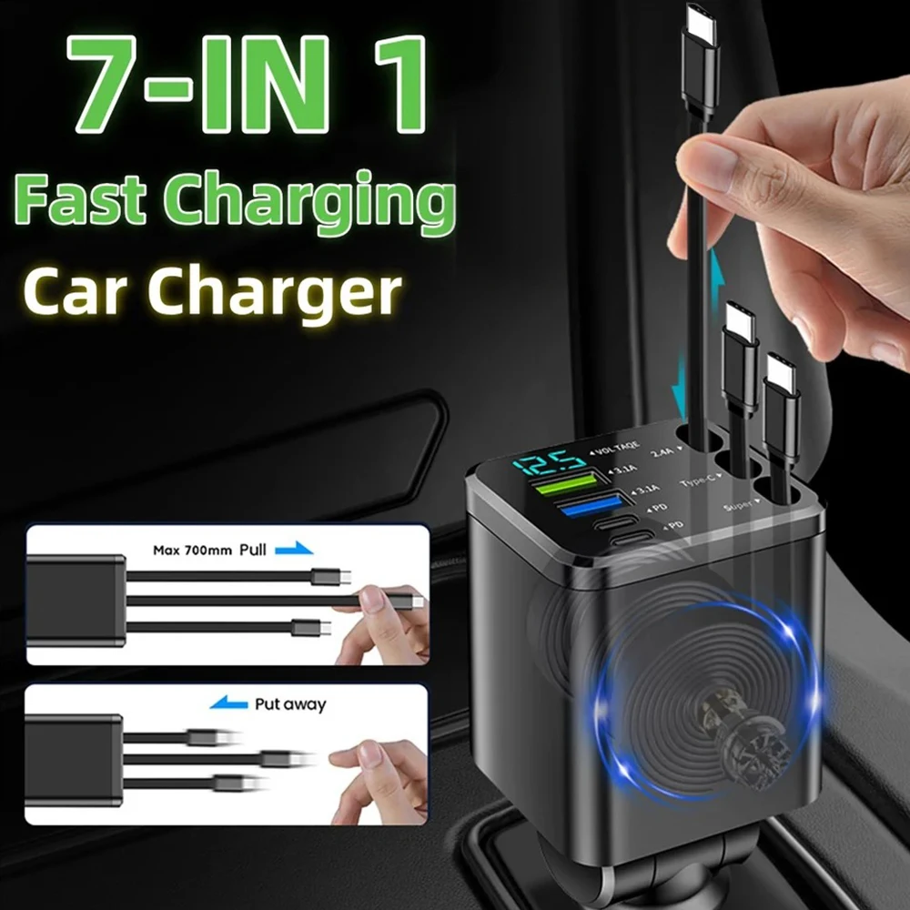 120W Car Charger with Roof Starlight Fast Charging Retractable Cable & 2 Charging Ports Voltage Phone Charger For IOS Android