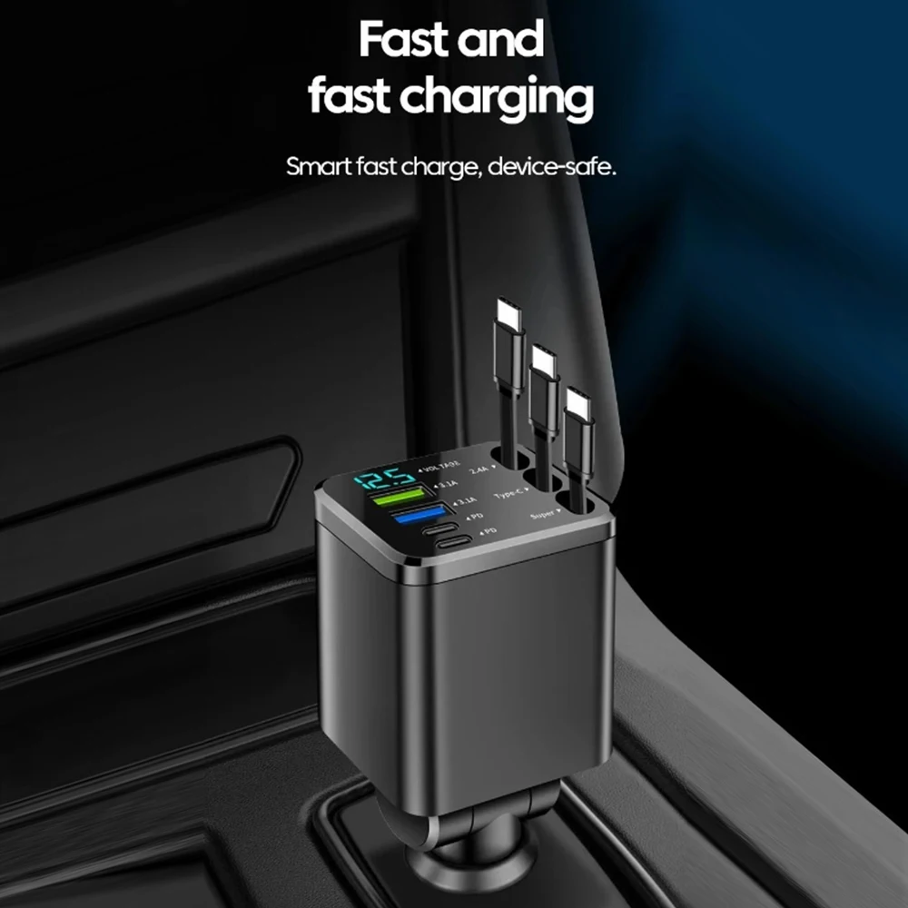 120W Car Charger with Roof Starlight Fast Charging Retractable Cable & 2 Charging Ports Voltage Phone Charger For IOS Android