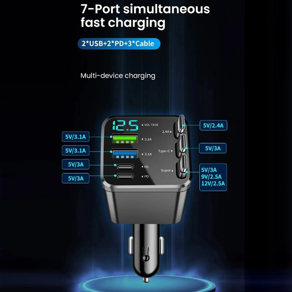 120W Car Charger with Roof Starlight Fast Charging Retractable Cable & 2 Charging Ports Voltage Phone Charger For IOS Android