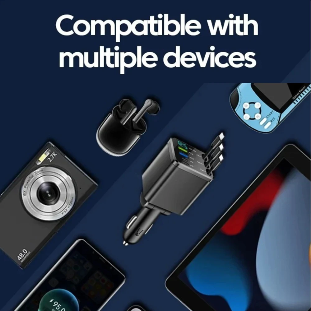 120W Car Charger with Roof Starlight Fast Charging Retractable Cable & 2 Charging Ports Voltage Phone Charger For IOS Android