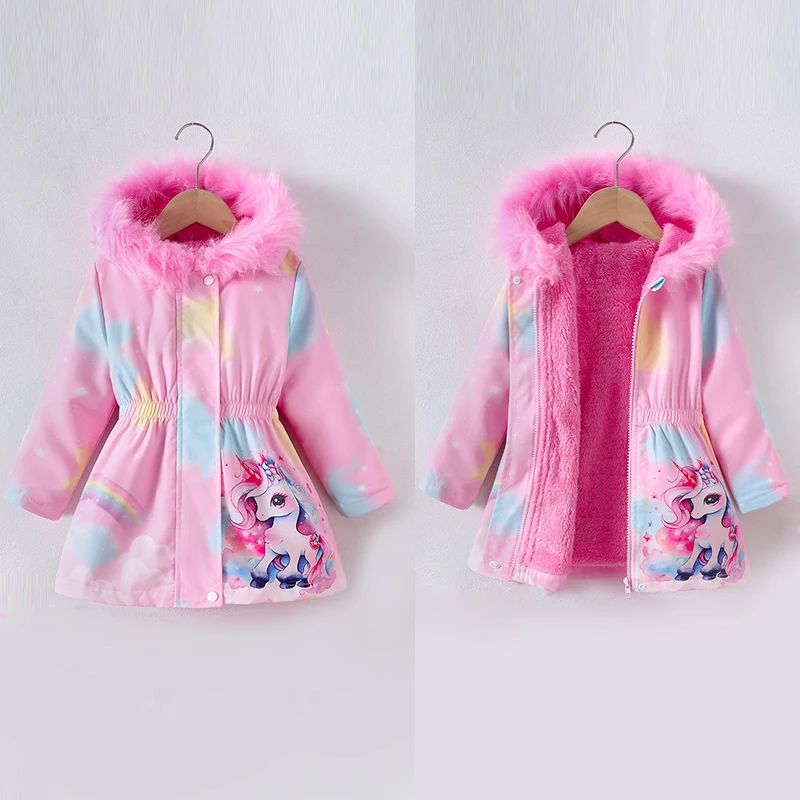 Children's Coat Girls Long Outerwear Winter Autumn Cotton Clothes Girls Pink Unicorn padded Coats Big Thicken Warm Child Jacket