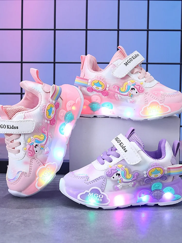 Mgo Kidss New Spring and Autumn Girls' Shoes, Light-Up Shoes, Flashing Shoes, Rainbow Pony Shoes, Kidsren's Sports Shoes, Girls' Soft-Soled Shoes, Running Shoes, Pink Shoes, Princess Kidsren's Shoes, Suitable for Ages 1-3-6, Christmas/Halloween Gifts