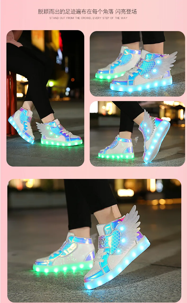 Waterproof Leather Kids Luminous Shoes Sneakers Led Light Shoes with Wing USB Charging Casual Sports Shoes Girls Skateboard Shoe