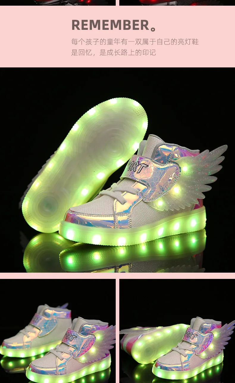 Waterproof Leather Kids Luminous Shoes Sneakers Led Light Shoes with Wing USB Charging Casual Sports Shoes Girls Skateboard Shoe