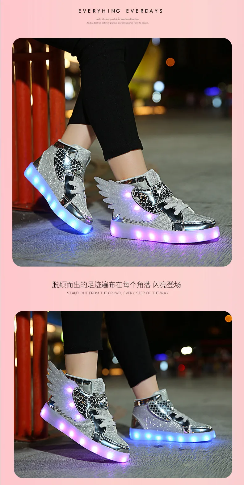 Waterproof Leather Kids Luminous Shoes Sneakers Led Light Shoes with Wing USB Charging Casual Sports Shoes Girls Skateboard Shoe