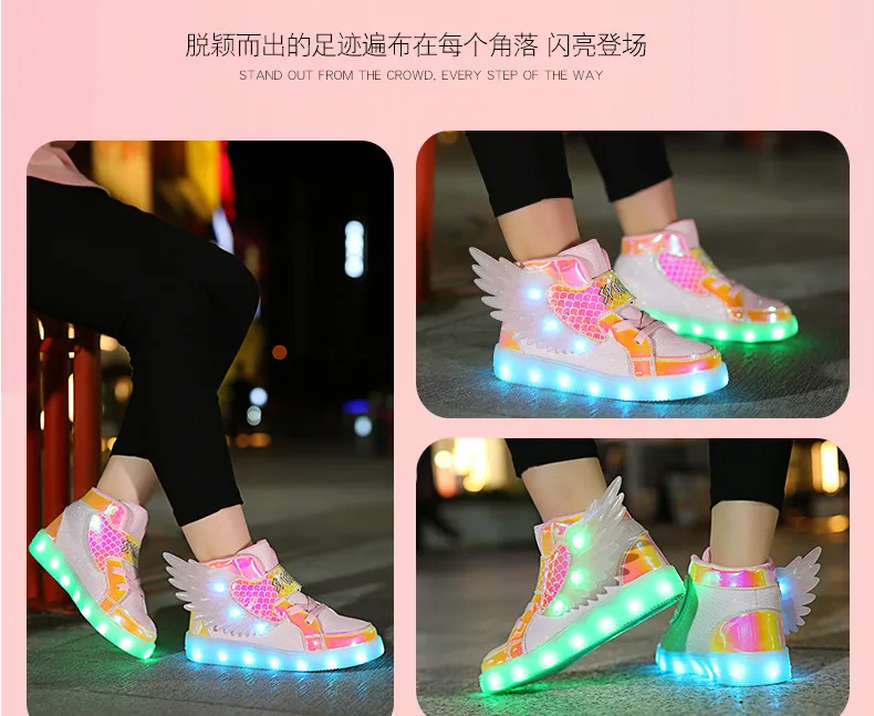 Waterproof Leather Kids Luminous Shoes Sneakers Led Light Shoes with Wing USB Charging Casual Sports Shoes Girls Skateboard Shoe