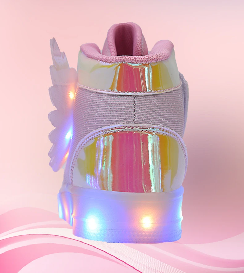 Waterproof Leather Kids Luminous Shoes Sneakers Led Light Shoes with Wing USB Charging Casual Sports Shoes Girls Skateboard Shoe