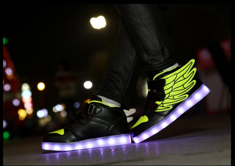 Waterproof Leather Kids Luminous Shoes Sneakers Led Light Shoes with Wing USB Charging Casual Sports Shoes Girls Skateboard Shoe