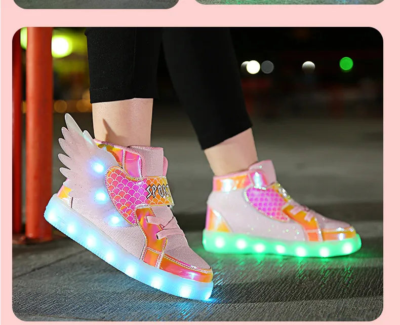 Waterproof Leather Kids Luminous Shoes Sneakers Led Light Shoes with Wing USB Charging Casual Sports Shoes Girls Skateboard Shoe