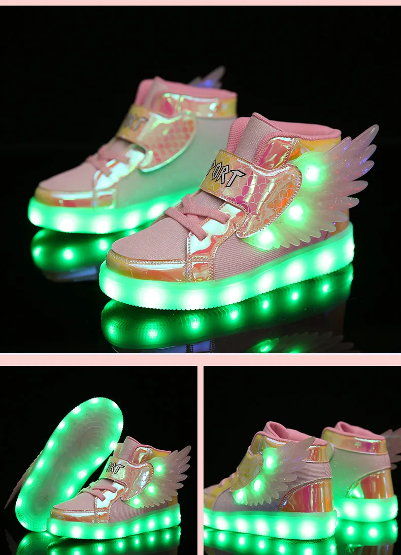 Waterproof Leather Kids Luminous Shoes Sneakers Led Light Shoes with Wing USB Charging Casual Sports Shoes Girls Skateboard Shoe